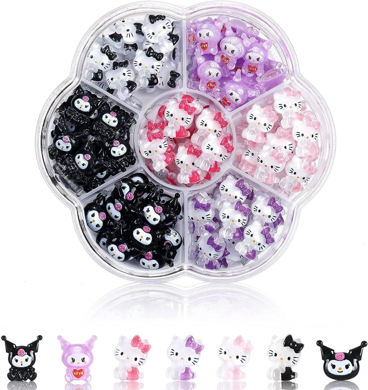 Resin Kawaii Cute Style Cartoon Character 70pcs/box 7gird/box Ketty Cat Melody Kuromi Pochacco Different Colors Nail Stones DIY