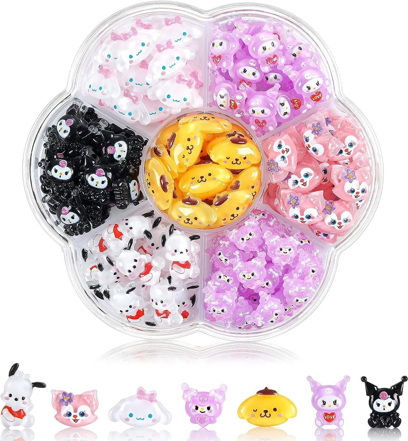 Resin Kawaii Cute Style Cartoon Character 70pcs/box 7gird/box Ketty Cat Melody Kuromi Pochacco Different Colors Nail Stones DIY