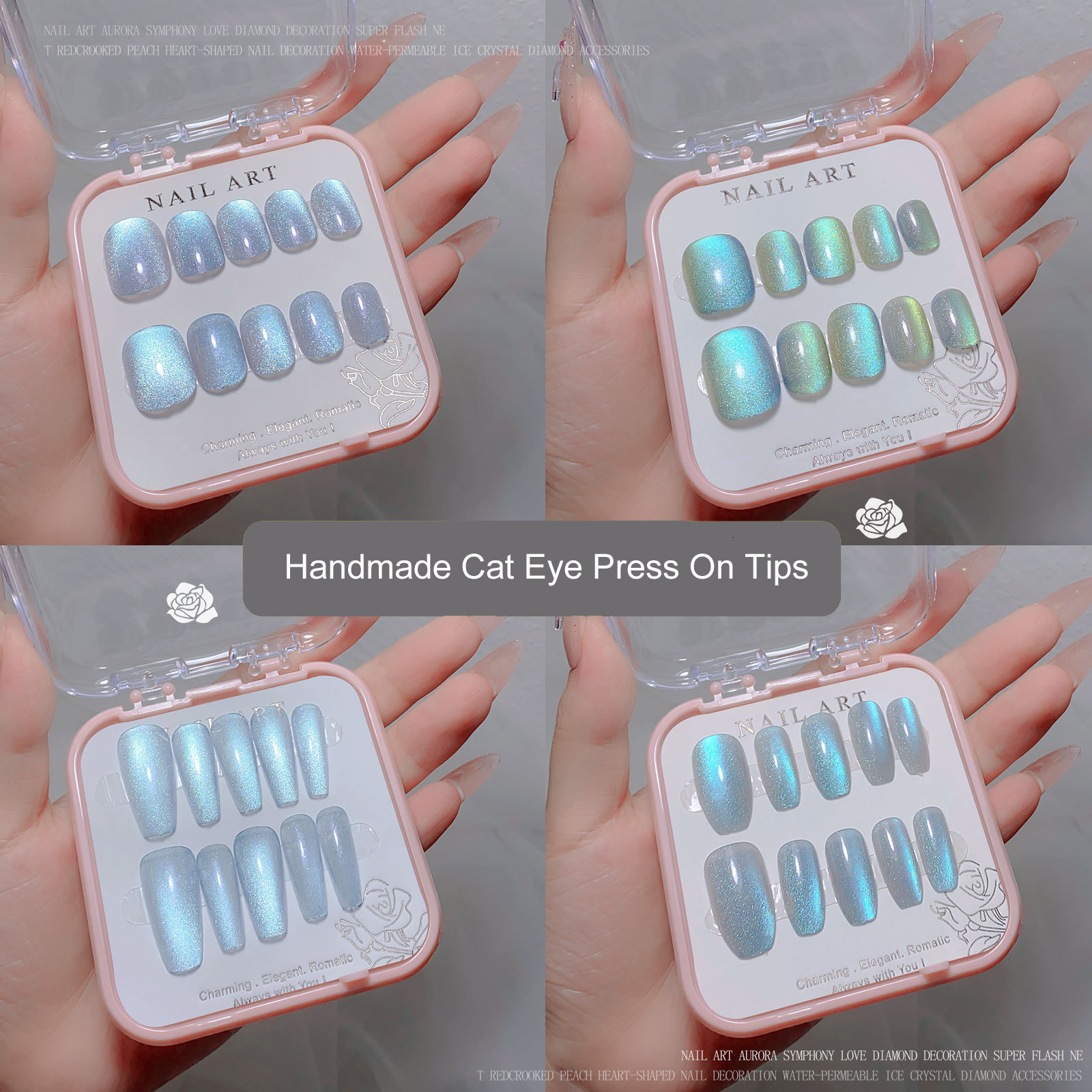 Custom Handmade False  Cat Eye Style Short Medium 3D Acrylic Press On Nails Tips Set