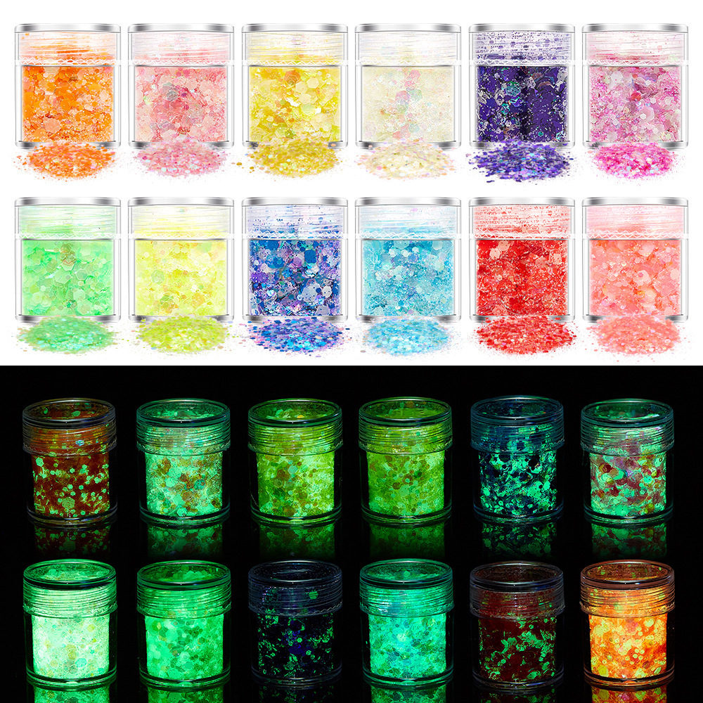 12/18/24 Colors Glow in The Dark Luminous Acrylic Nail Glitter Powder Luminous Glitter Powder Mixed Set Nail Paillette