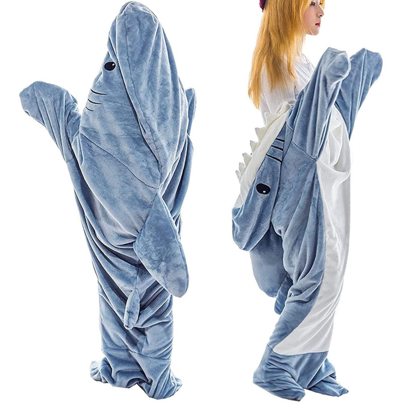 Dropshipping Product 2023 Cartoon Shark Flannel Wearable Animal Blanket Hoodie Thickened TV Blanket