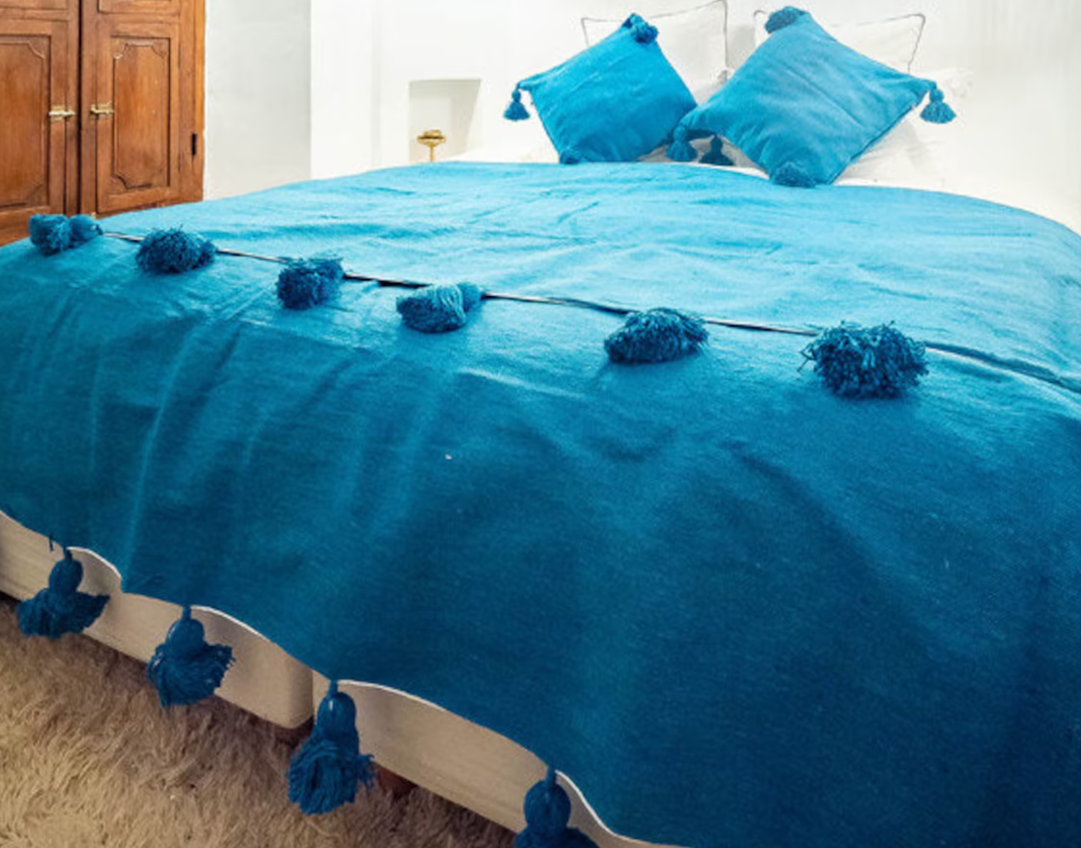 Moroccan Teal Pompom Throw Blanket Moroccan Boho Style Bedcovers Berber Handmade Bed Covers