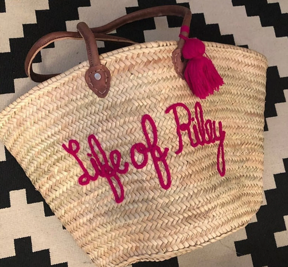 Chic Personalized Moroccan Straw Basket With A Pompom Market Straw Bag Palm Basket women's straw bag Daily Carry Bag