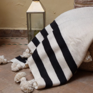 Hand Woven Striped Black And White Pompom Throw Blanket Moroccan Boho Style Bedcovers Berber Handmade Bed Covers