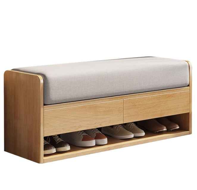 Nordic Solid Wood Shoe Cabinet with Integrated Change Stool and Home Storage Soft Bag for Living Room Dining and School