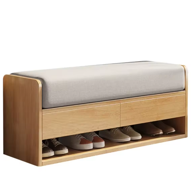 Nordic Solid Wood Shoe Cabinet with Integrated Change Stool and Home Storage Soft Bag for Living Room Dining and School