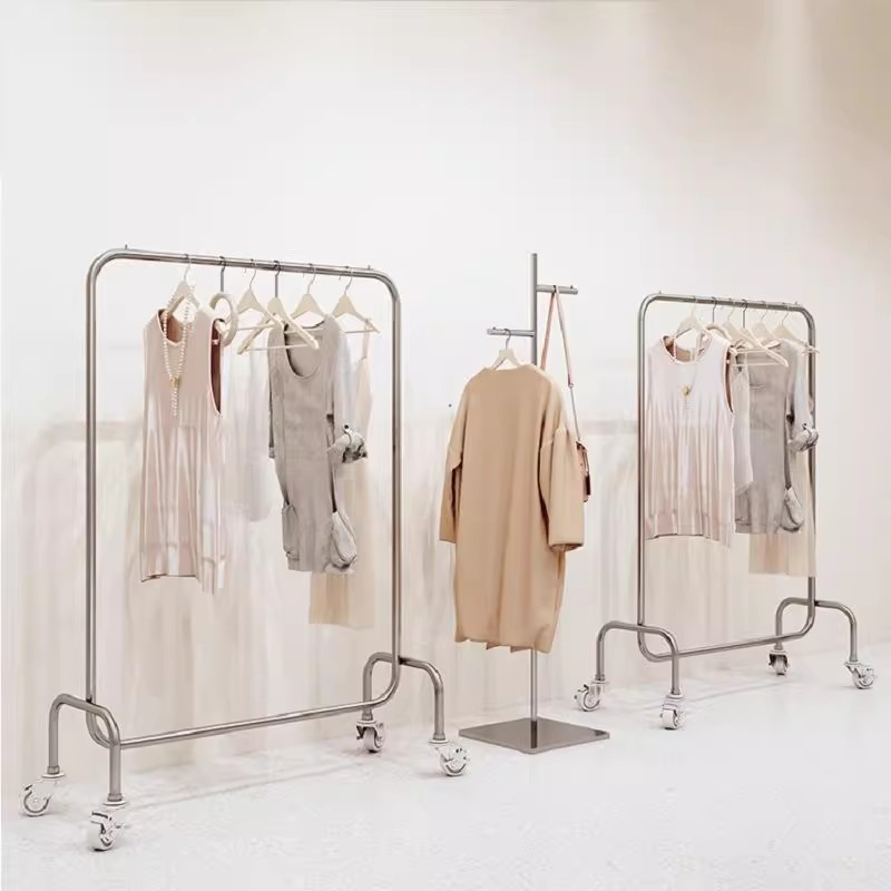 Hot-selling clothing floor display stand stable hanger Clothes Hangers stainless steel silver with wheels display stand