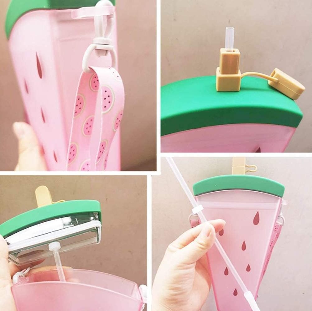 Portable Popsicle Shaped Water Cup for Girls 320ml Plastic Water Bottles with Cute Watermelon Ice Cream Design and Straw,