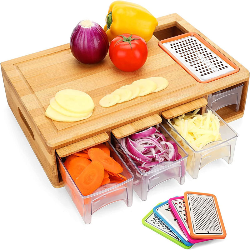 Cutting Board with Containers, Sturdy Meal Prep Station for Kitchen, Includes 4 Graters, 4 Trays with Lids Easy Food Storage