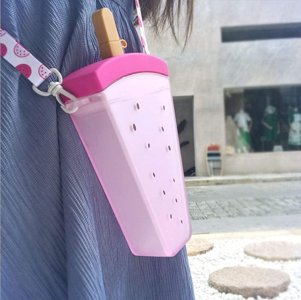 Portable Popsicle Shaped Water Cup for Girls 320ml Plastic Water Bottles with Cute Watermelon Ice Cream Design and Straw,