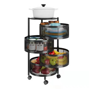 Kitchen Storage Rack No Assembly, 4-Tier Round Metal Storage Basket Shelves,Rotating Tower Organizer with Rolling Wheels