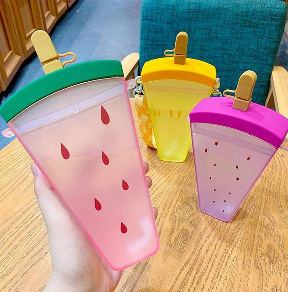 Portable Popsicle Shaped Water Cup for Girls 320ml Plastic Water Bottles with Cute Watermelon Ice Cream Design and Straw,