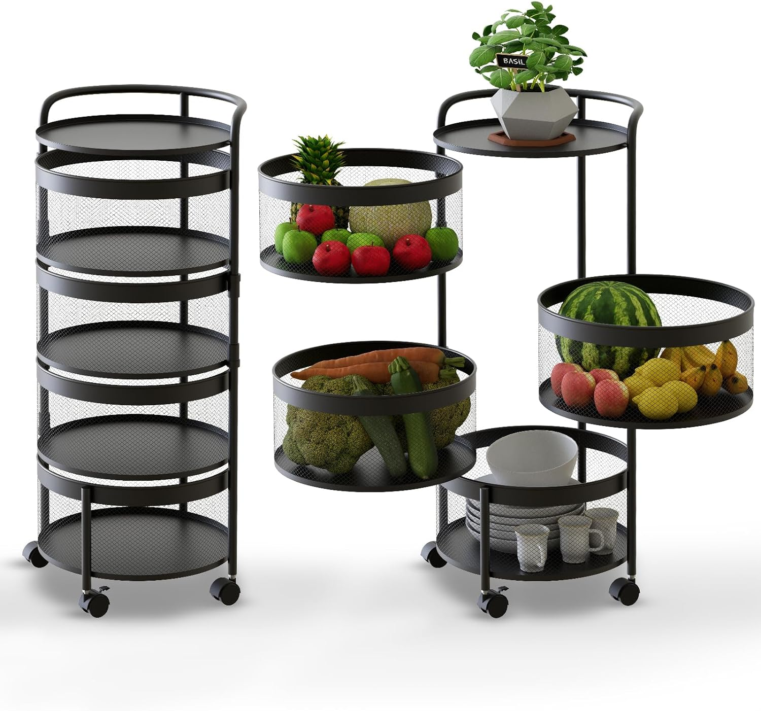 Kitchen Storage Rack No Assembly, 4-Tier Round Metal Storage Basket Shelves,Rotating Tower Organizer with Rolling Wheels