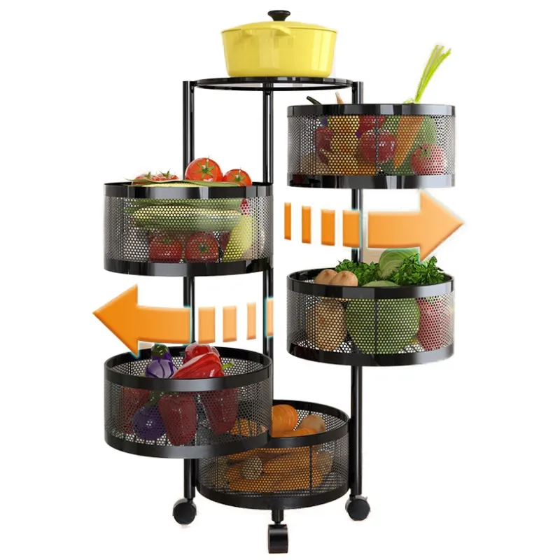 Kitchen Storage Rack No Assembly, 4-Tier Round Metal Storage Basket Shelves,Rotating Tower Organizer with Rolling Wheels