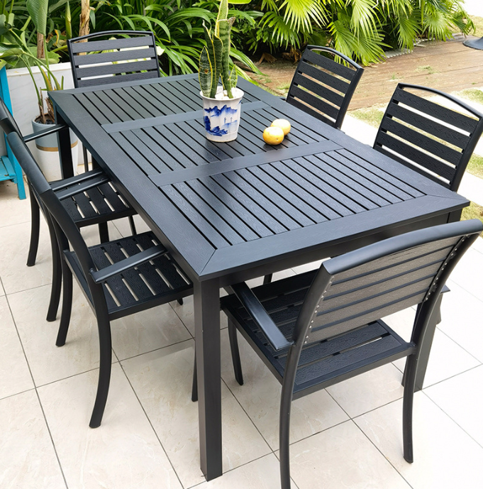 Modern outdoor tables and chairs New Hot Sale Black Outdoor Dining Set Patio Furniture Plastic Wood Garden Table 4 to 6 people