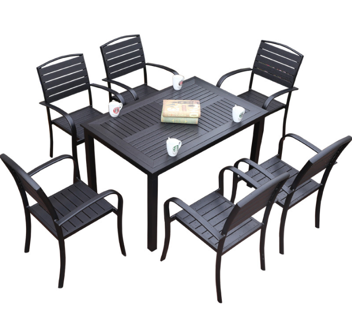 Modern outdoor tables and chairs New Hot Sale Black Outdoor Dining Set Patio Furniture Plastic Wood Garden Table 4 to 6 people