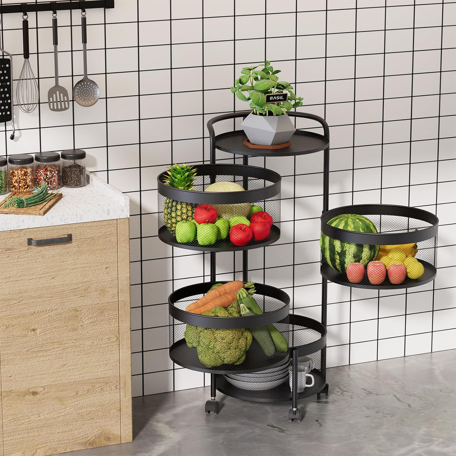 Kitchen Storage Rack No Assembly, 4-Tier Round Metal Storage Basket Shelves,Rotating Tower Organizer with Rolling Wheels