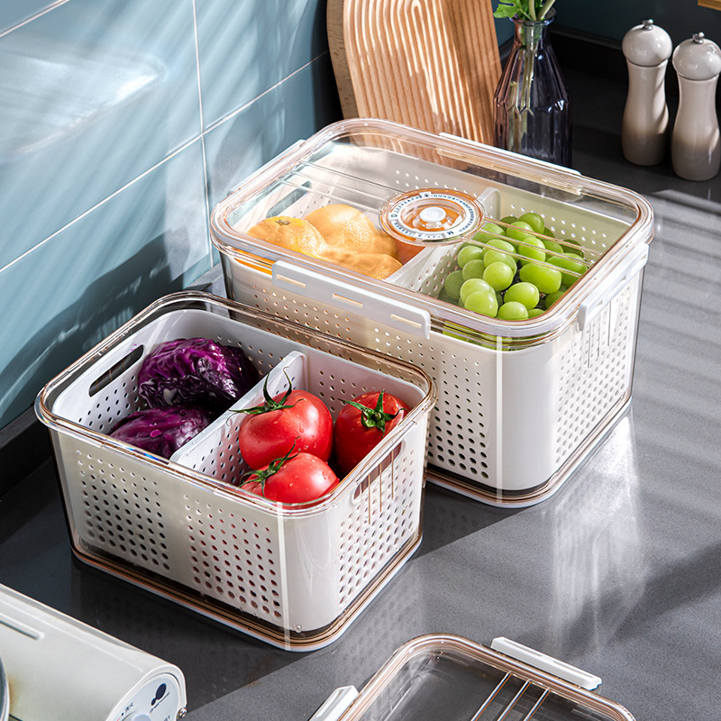 Time Lock Fridge Fresh Keeping Box Vegetable and Fruit Containers with Draining Baskets