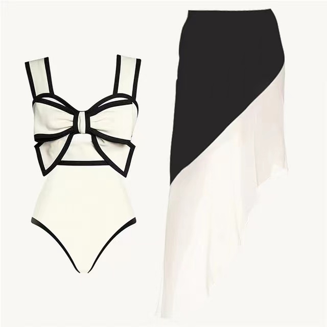 Monokini Beach Bodysuit Beach Wear Women Bow Tie Swimwear Skirt Sexy Bathing Suit 2024 Black White Retro One Piece Swimsuit