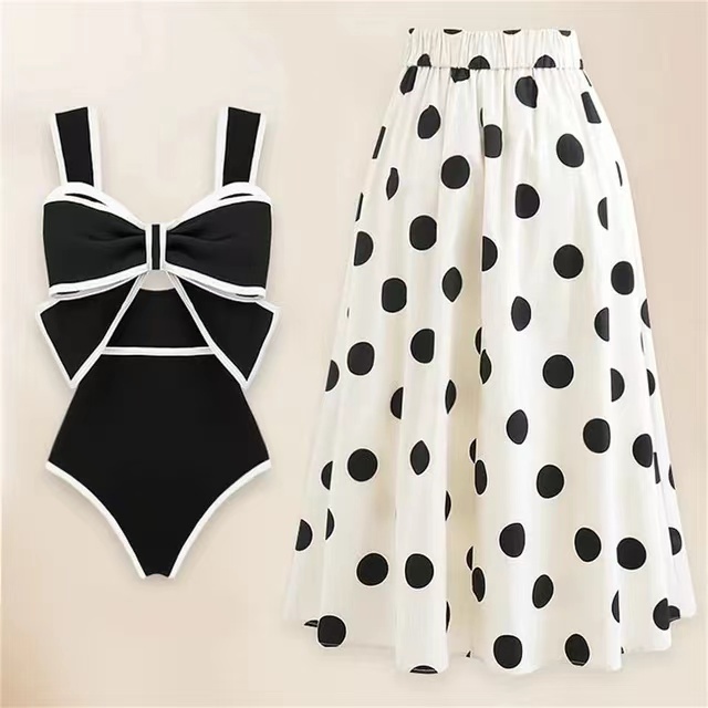 Monokini Beach Bodysuit Beach Wear Women Bow Tie Swimwear Skirt Sexy Bathing Suit 2024 Black White Retro One Piece Swimsuit