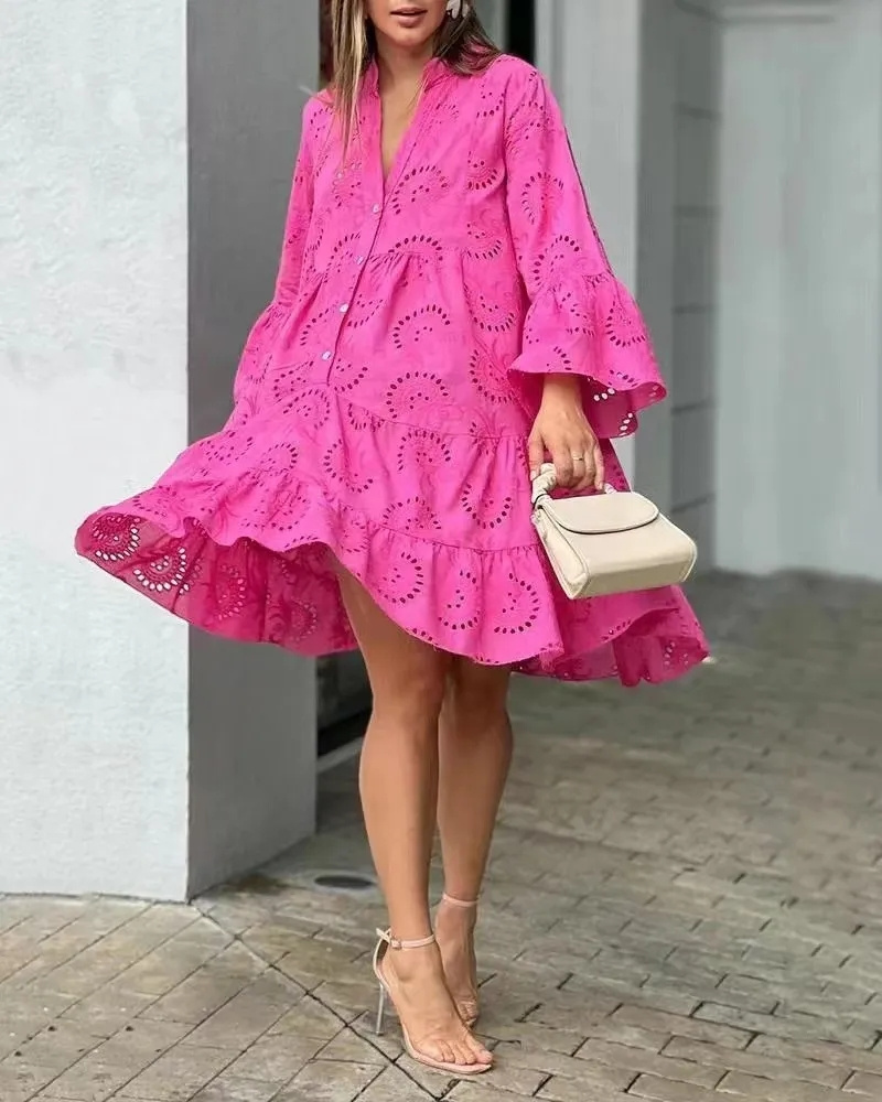 Women Beach Sexy Mini Dresses V-neck Loose Hollow Out Pattern Embroidery Vestidos Summer Elegant Vintage Solid Lace Dress