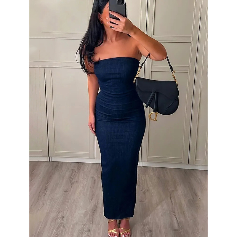 Clothes Summer Evening Dresses Party Blue Denim Female Long Dress Women Sexy Strapless Backless Zipper Split Dress