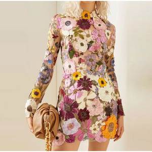 2023 Spring Evening Party Lady Vestido Half High Collar Long Sleeve Dresses Floral Embroidery Elegant Luxury Women Mini Dress