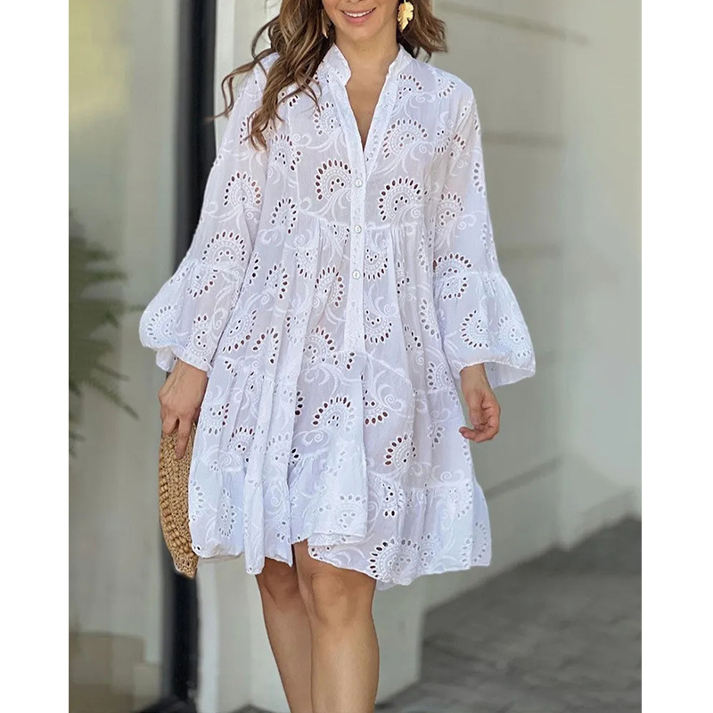 Women Beach Sexy Mini Dresses V-neck Loose Hollow Out Pattern Embroidery Vestidos Summer Elegant Vintage Solid Lace Dress