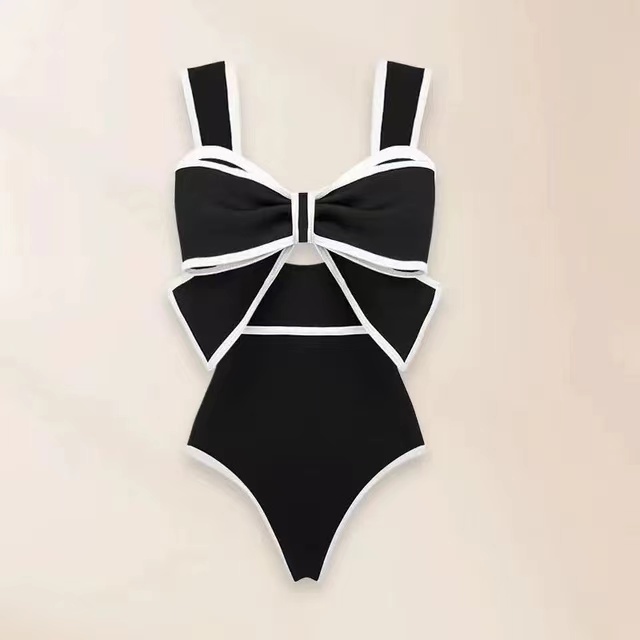 Monokini Beach Bodysuit Beach Wear Women Bow Tie Swimwear Skirt Sexy Bathing Suit 2024 Black White Retro One Piece Swimsuit