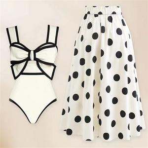 Monokini Beach Bodysuit Beach Wear Women Bow Tie Swimwear Skirt Sexy Bathing Suit 2024 Black White Retro One Piece Swimsuit