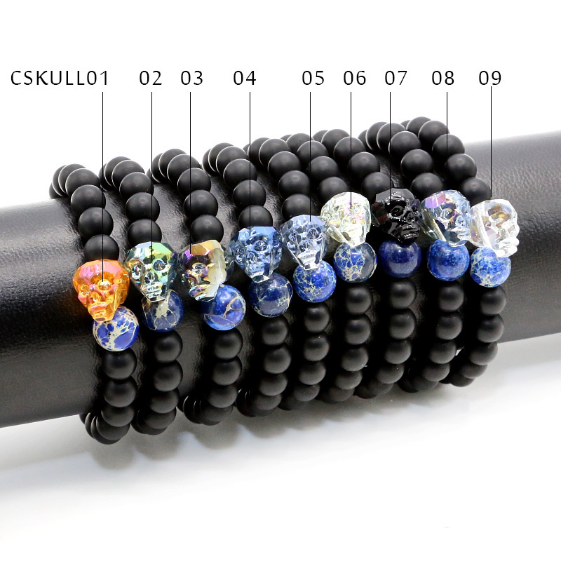 Black Onyx Beads bangle crystal skull head charm Bracelet for Women & Men black King Stone beads bracelet