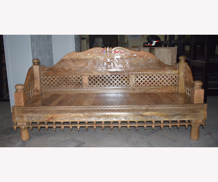 Living Room Mango Solid Wood Furniture 3 Sitter Hand Carved Sofa