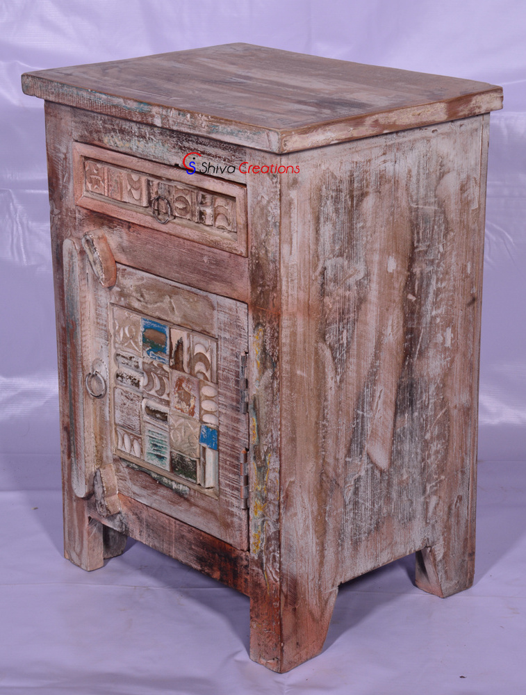 High Export Quality Bedroom Furniture Antique Design Boat Reclaimed Wood Carved Panel Bedside Side Table Night Stands