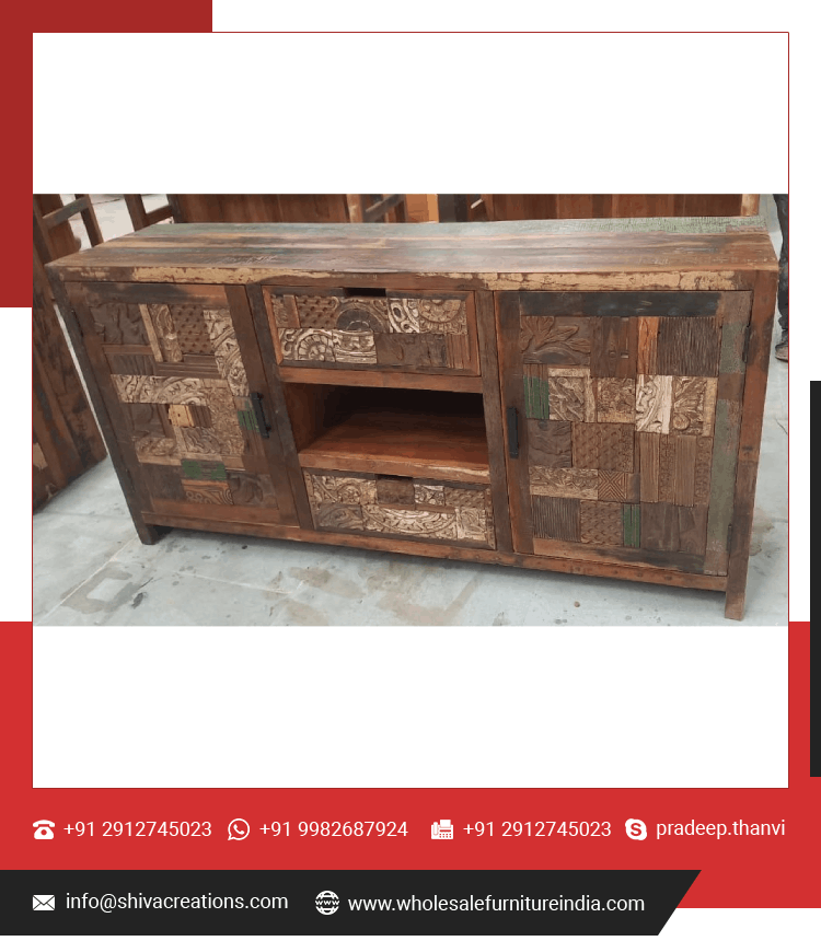 Wooden 2 Door 2 Drawer Old Carved Block Tv Cabinet Reclaimed Wooden Furniture Supplier Reclaimed Wood Antique Indoor Furniture