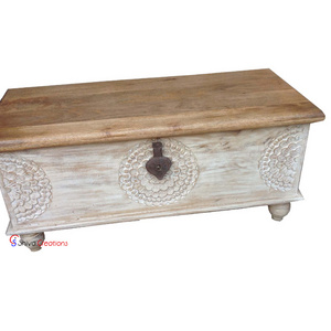 Bed Room Furniture Hand Carved Solid Wood Storage Trunk Blanket Chest Box