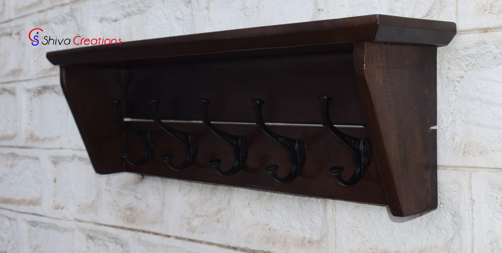 Wooden Wall Mounted Coat Rack With Storage Shelf And 5 Cast Iron Hooks