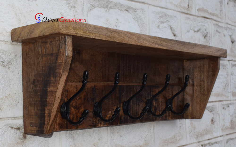 Wooden Wall Mounted Coat Rack With Storage Shelf And 5 Cast Iron Hooks