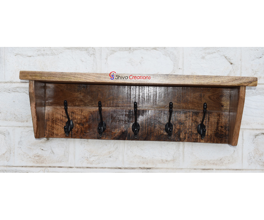 Wooden Wall Mounted Coat Rack With Storage Shelf And 5 Cast Iron Hooks