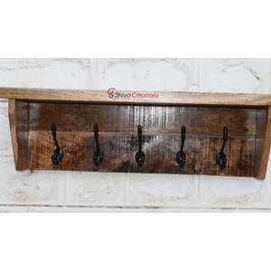 Wooden Wall Mounted Coat Rack With Storage Shelf And 5 Cast Iron Hooks