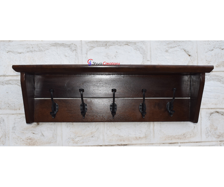 Wooden Wall Mounted Coat Rack With Storage Shelf And 5 Cast Iron Hooks