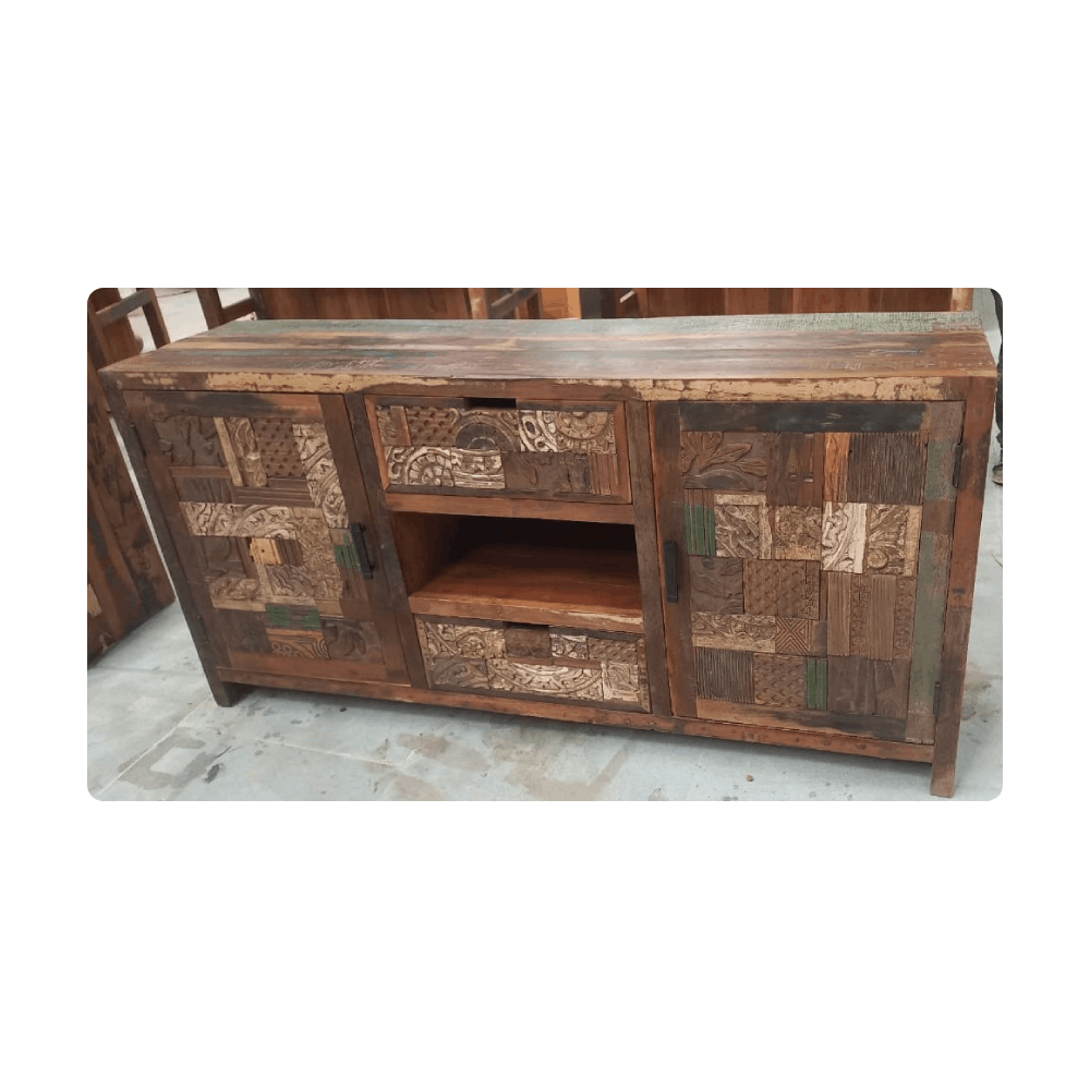 Wooden 2 Door 2 Drawer Old Carved Block Tv Cabinet Reclaimed Wooden Furniture Supplier Reclaimed Wood Antique Indoor Furniture