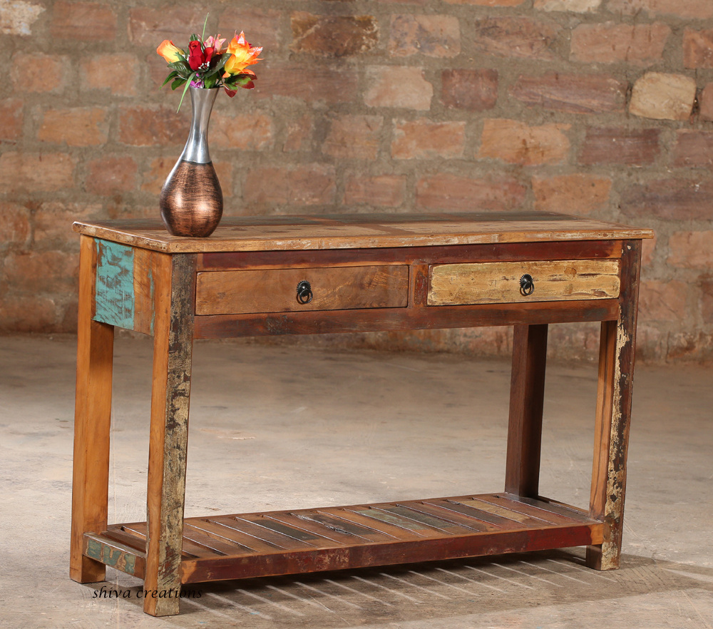 Rustic Living Room Furniture 2 Drawers Distressed Recycled Wood Entry Way Console Table