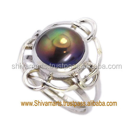 Rings With Round Shape Freshwater Cultured Link 925 Sterling Silver Black Pearl Gemstone Ring For Gift