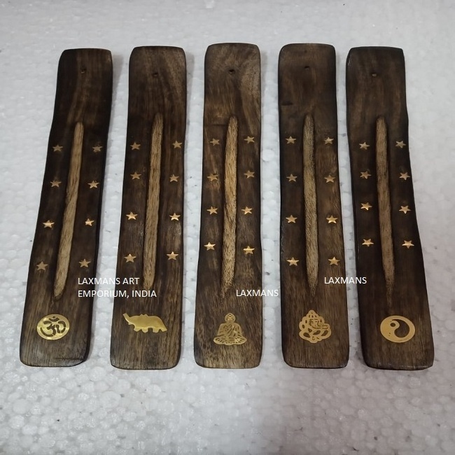 New Mango Wood Antique MIx Motifs Brass Inlaid Incense Sticks Holders/Burners Wholesale From India