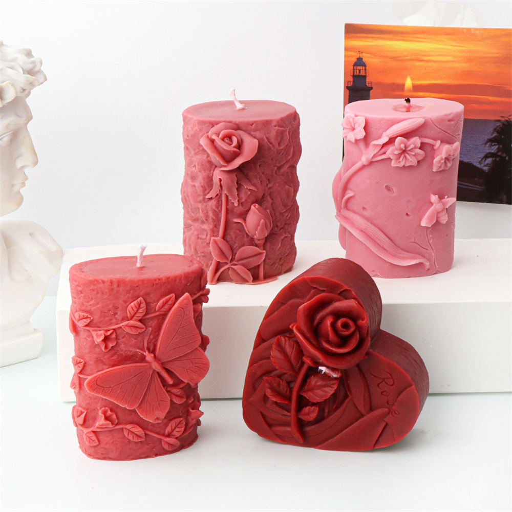 Mother Day Valentine Silicone Love Rose Candle Mold Relief Butterfly Cylinder Ornaments Wedding Birthday Flower Pillar Soap Kit