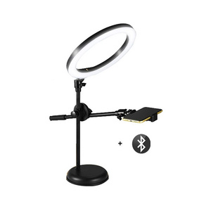 Overhead Phone Mount with Adjustable Crossbar and Pole, Selfie Ring Light with Table Mounting Clamp Microphong stand