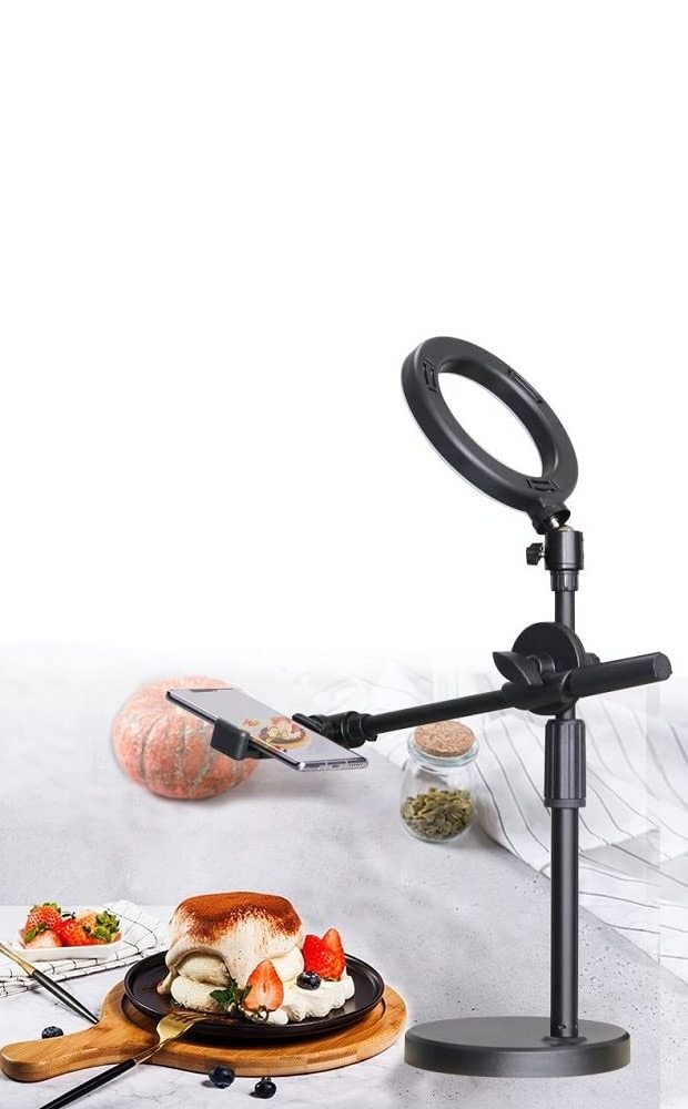 Overhead Phone Mount with Adjustable Crossbar and Pole, Selfie Ring Light with Table Mounting Clamp Microphong stand