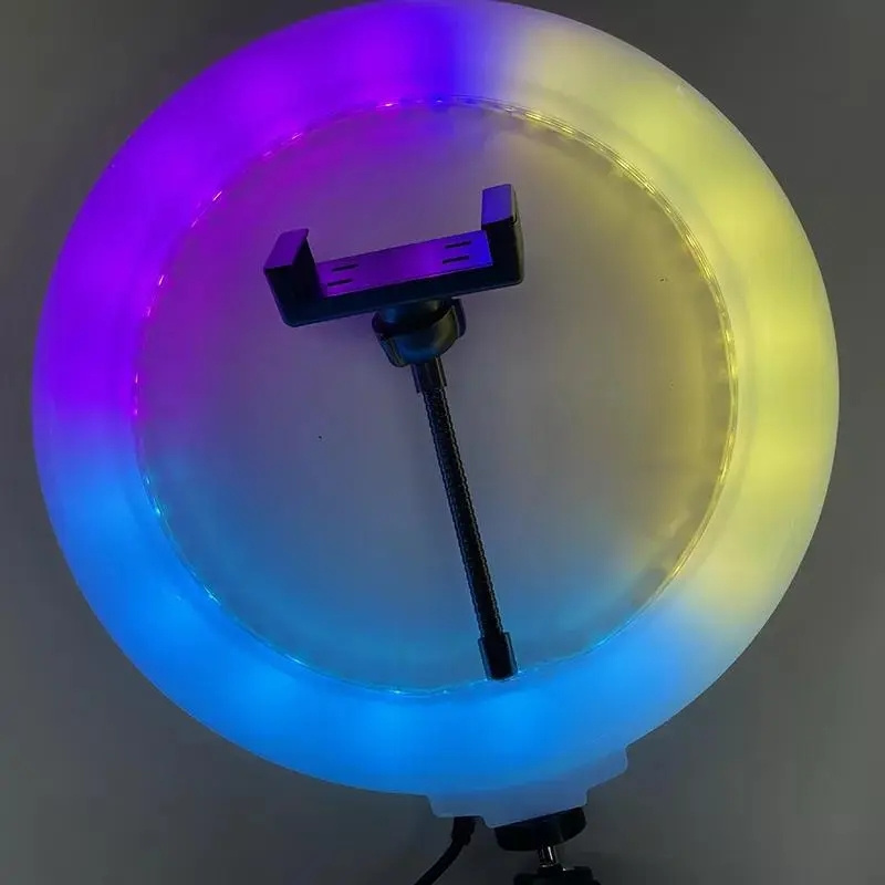 Lampara de anillo de 10 pulgadas/26 cm anillo de luz LED de colores RGB con soporte de tripod Arco Iris con Clip de telefono