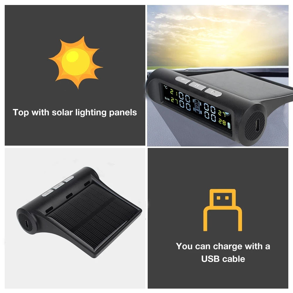 Car Accessories Solar Tpms Tyre Pressure Monitoring System With 4 External Sensors Digital Lcd Display Tire Diagnostic Kit