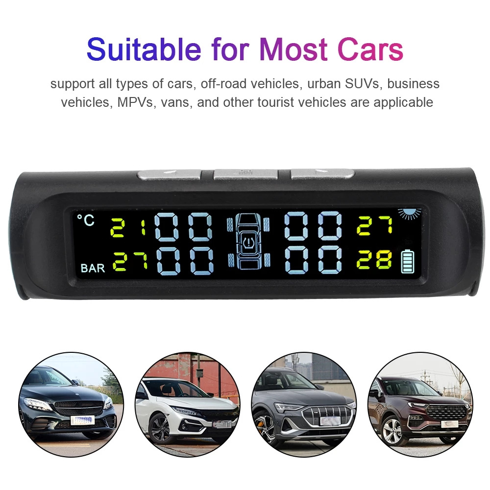 Car Accessories Solar Tpms Tyre Pressure Monitoring System With 4 External Sensors Digital Lcd Display Tire Diagnostic Kit